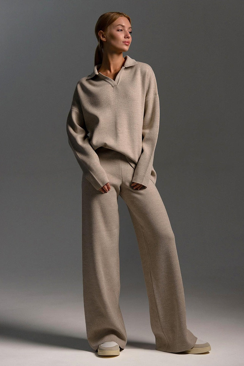 Women's Knit Polo Sweater & Wide-Leg Trousers Set - Viscose and Polyester