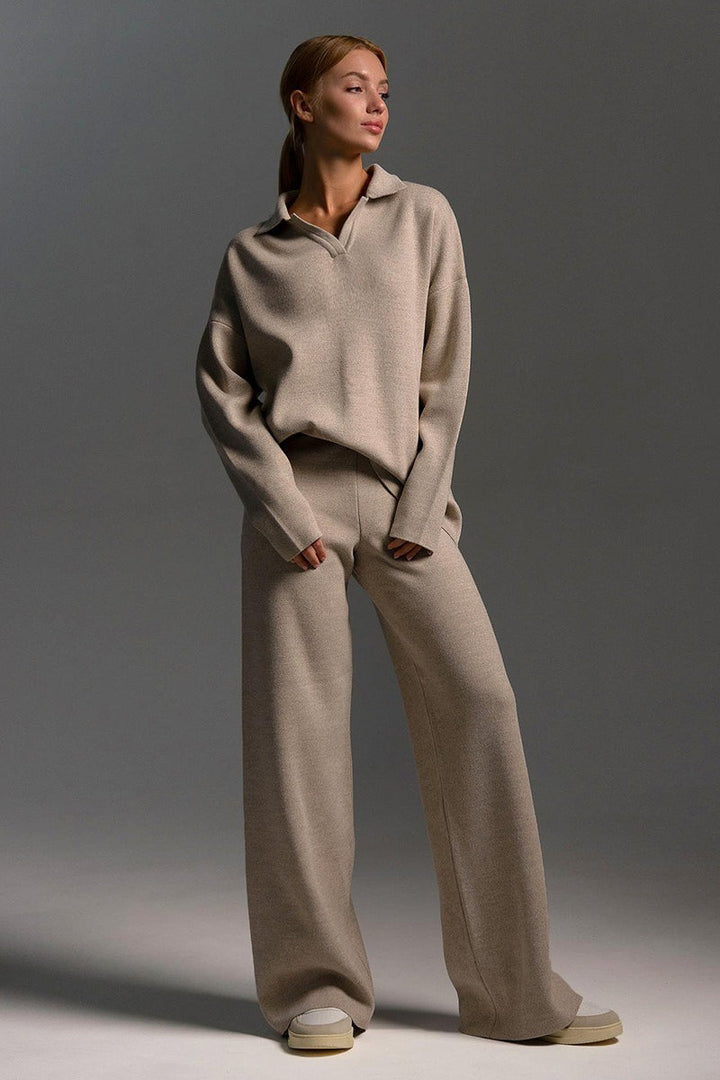 Women's Knit Polo Sweater & Wide-Leg Trousers Set - Viscose and Polyester