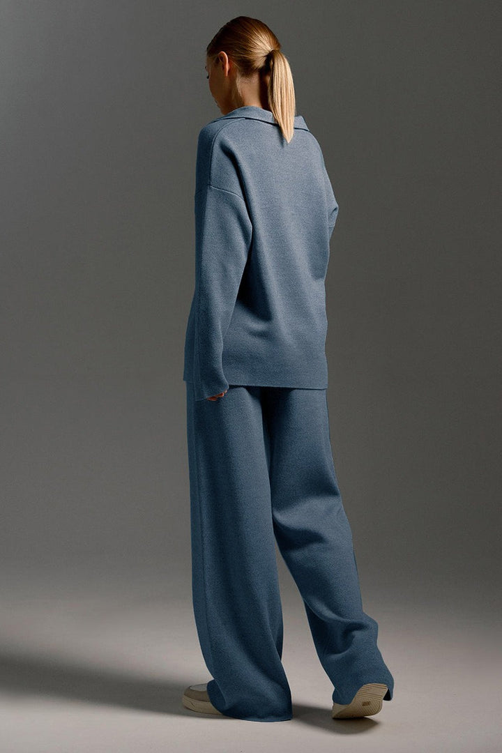 Women's Knit Polo Sweater & Wide-Leg Trousers Set - Viscose and Polyester