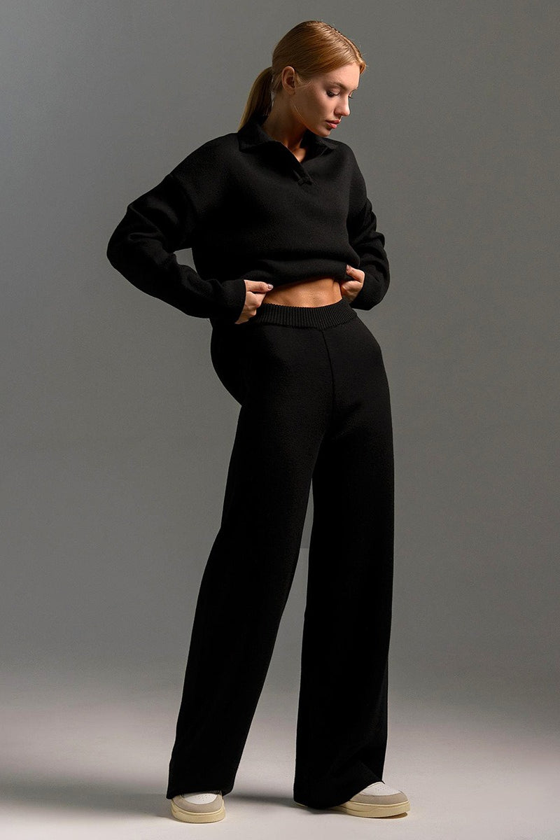 Women's Knit Polo Sweater & Wide-Leg Trousers Set - Viscose and Polyester