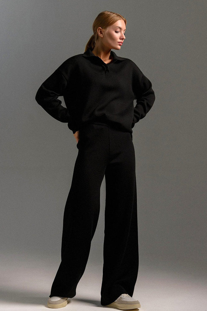Women's Knit Polo Sweater & Wide-Leg Trousers Set - Viscose and Polyester