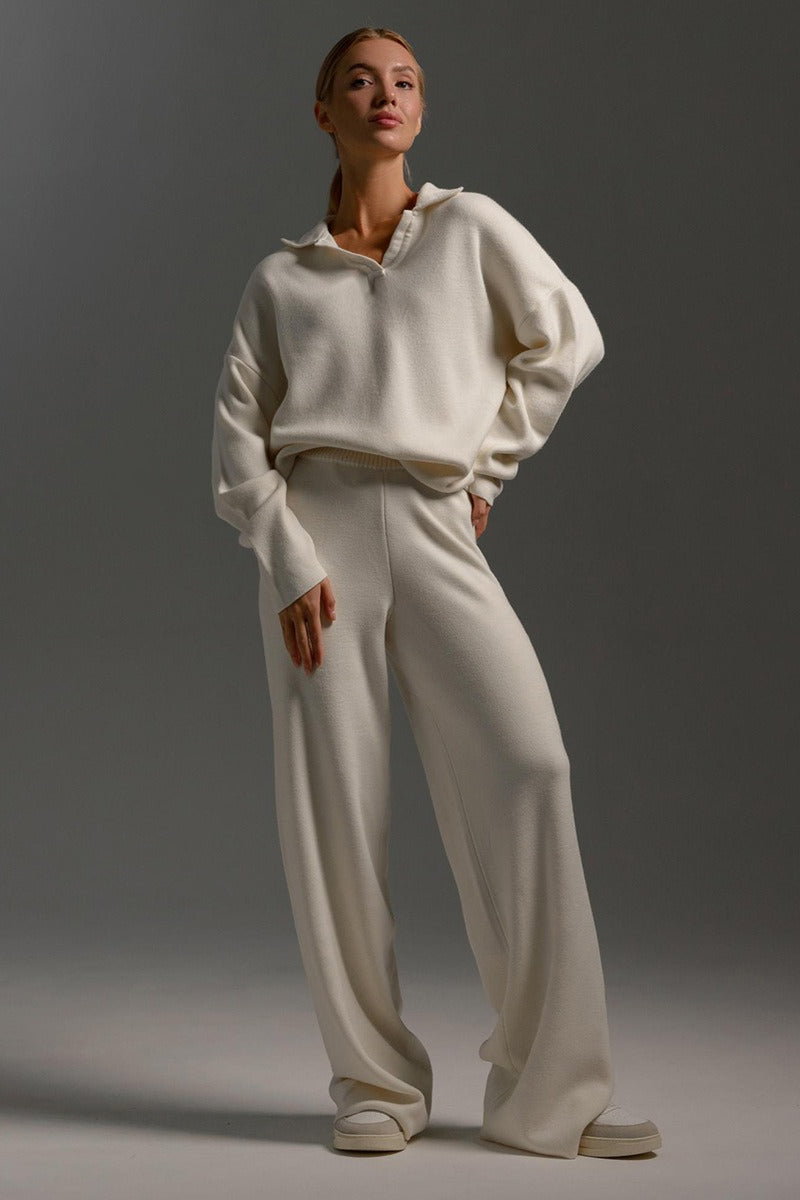 Women's Knit Polo Sweater & Wide-Leg Trousers Set - Viscose and Polyester