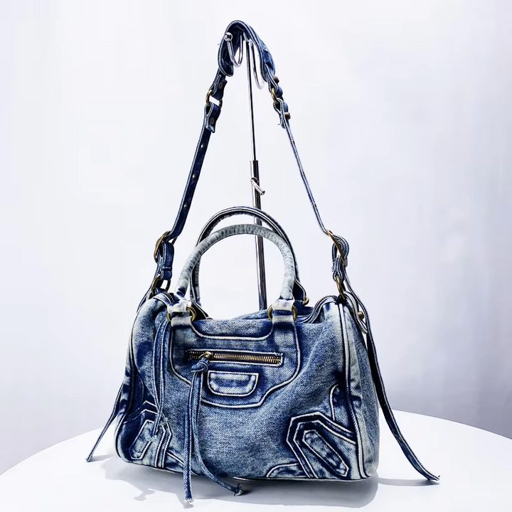 Women's Washed Denim Handbag with Zippered Pockets and Handles
