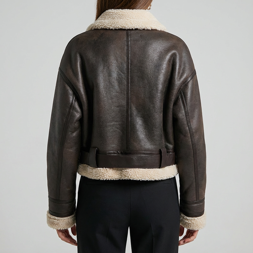 Women's genuine lambskin leather jacket in black with a faux fur collar and belt
