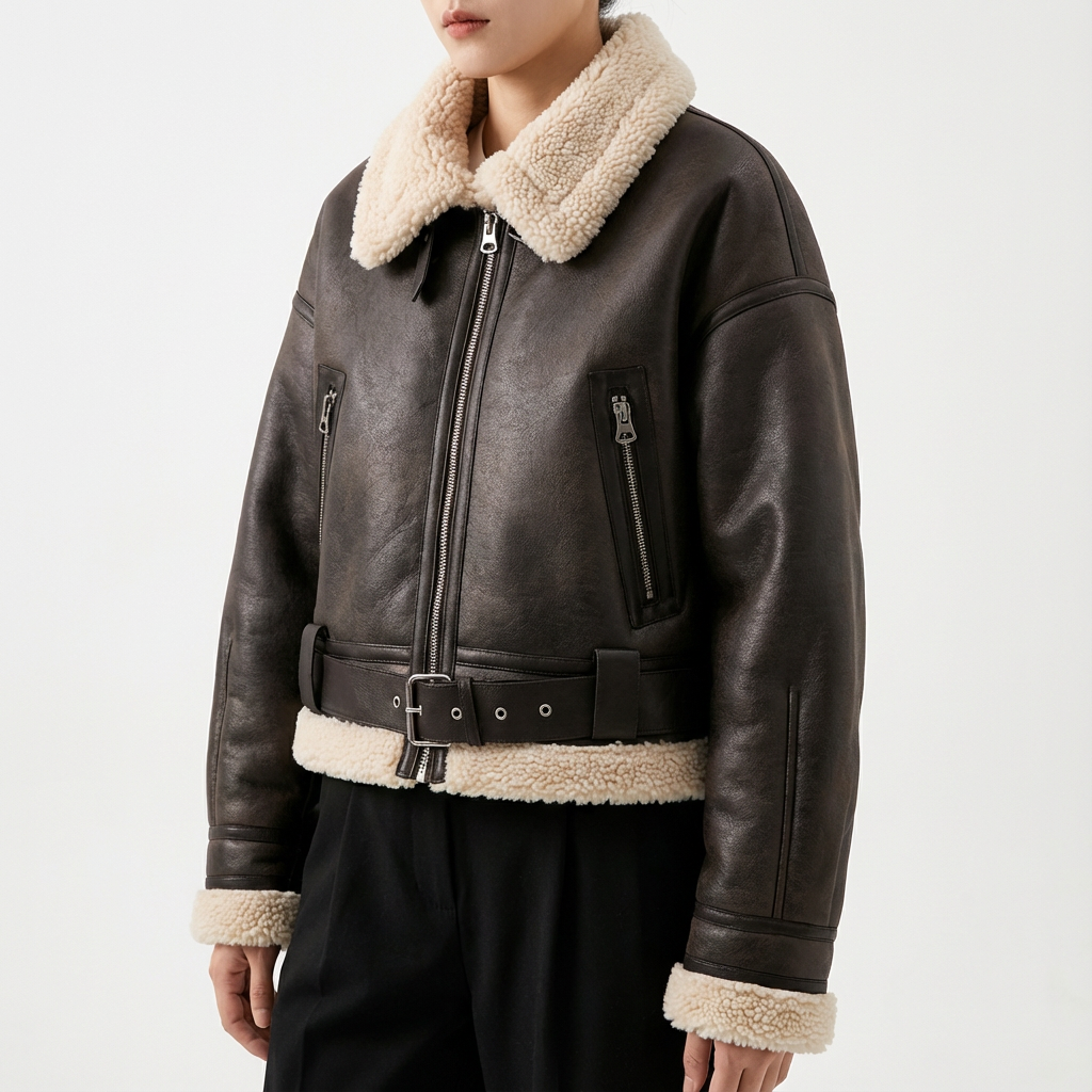 Women's genuine lambskin leather jacket in black with a faux fur collar and belt