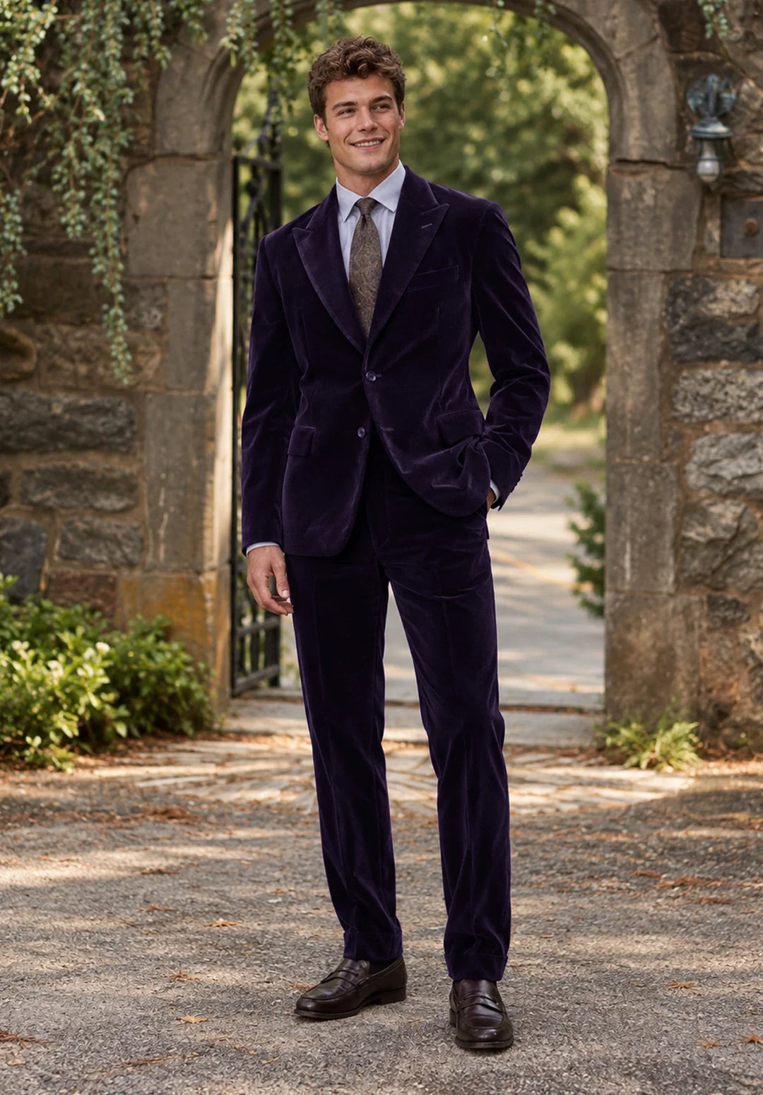 Costume Deux Pièces Homme Coupe Classique en Velours avec Col Peak et Deux Boutons