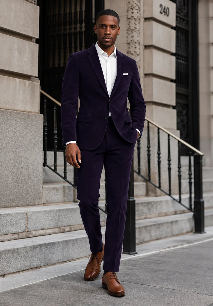 Completo da uomo in velluto slim fit a due pezzi con rever classico e giacca a due bottoni