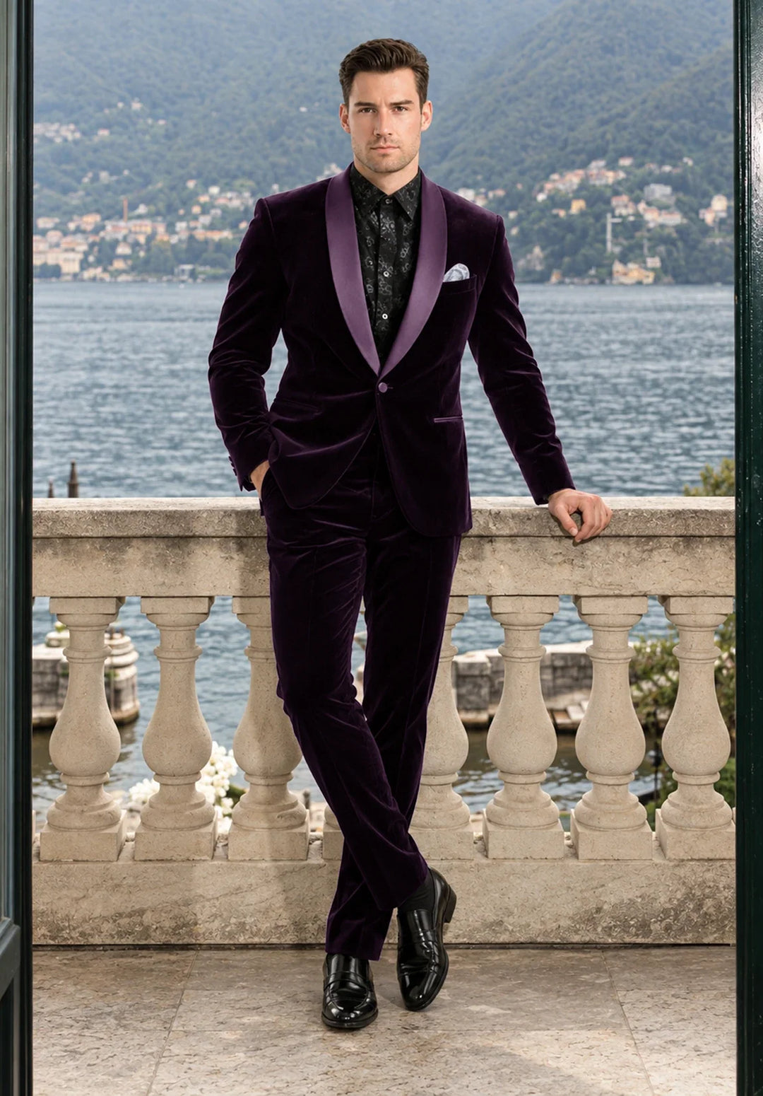 Costume Deux Pièces Homme Coupe Slim en Velours avec Col Châle en Satin et Un Bouton
