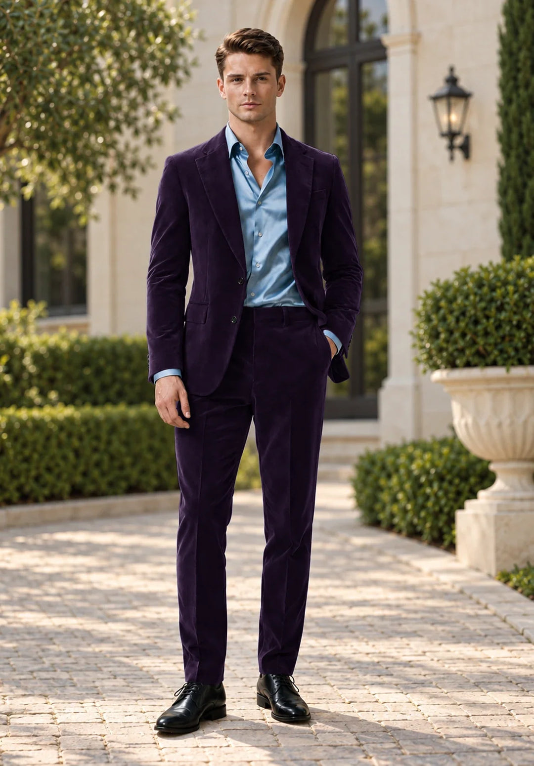 Abito da uomo a due pezzi regular fit in velluto con revers a dente e giacca a tre bottoni