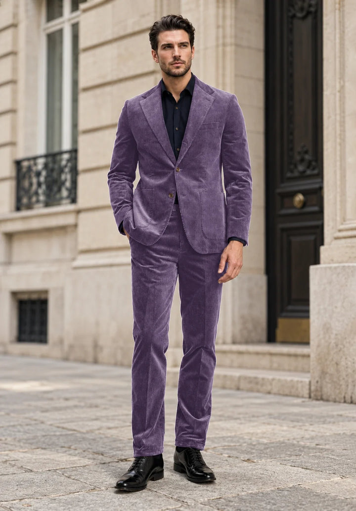Abito da uomo a due pezzi slim fit in velluto a coste con revers a lancia e taschino sul petto