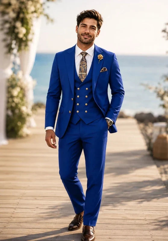 Costume Trois Pièces Homme Coupe Slim avec Col Notch et Gilet Croisé