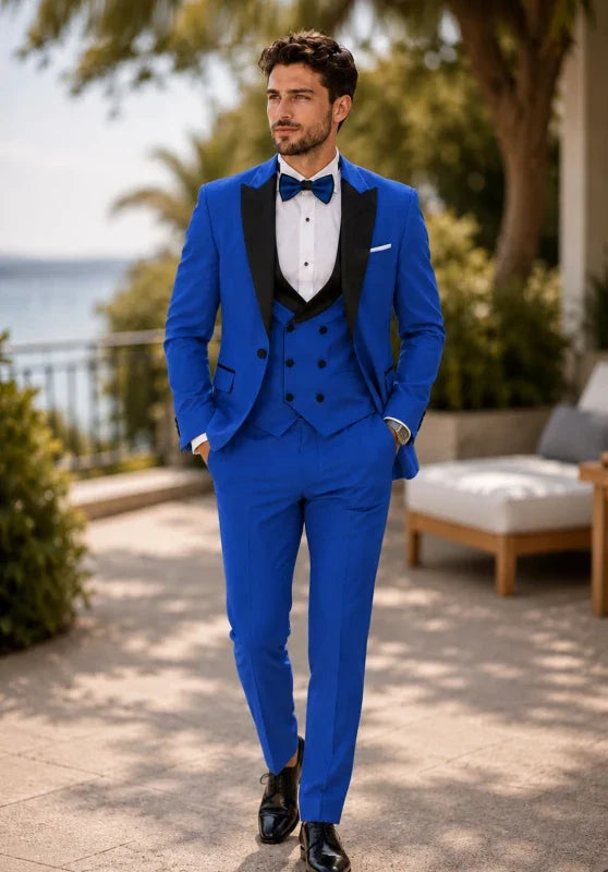 Costume Trois Pièces Homme Coupe Classique avec Col Contrastant et Gilet Croisé