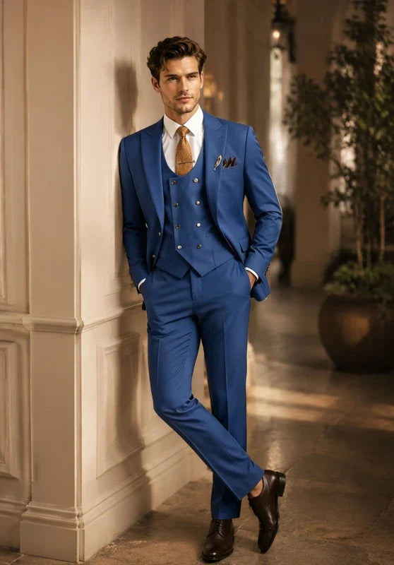 Costume Trois Pièces Homme Coupe Slim Élégant avec Col Peak et Gilet Croisé