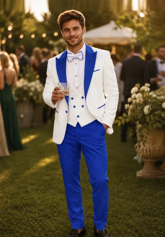 Costume Trois Pièces Homme Coupe Slim avec Col Contrastant et Gilet Croisé