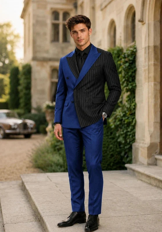 Men’s Two-Piece Striped Suit with Double-Breasted Jacket and Wide Peak Lapels
