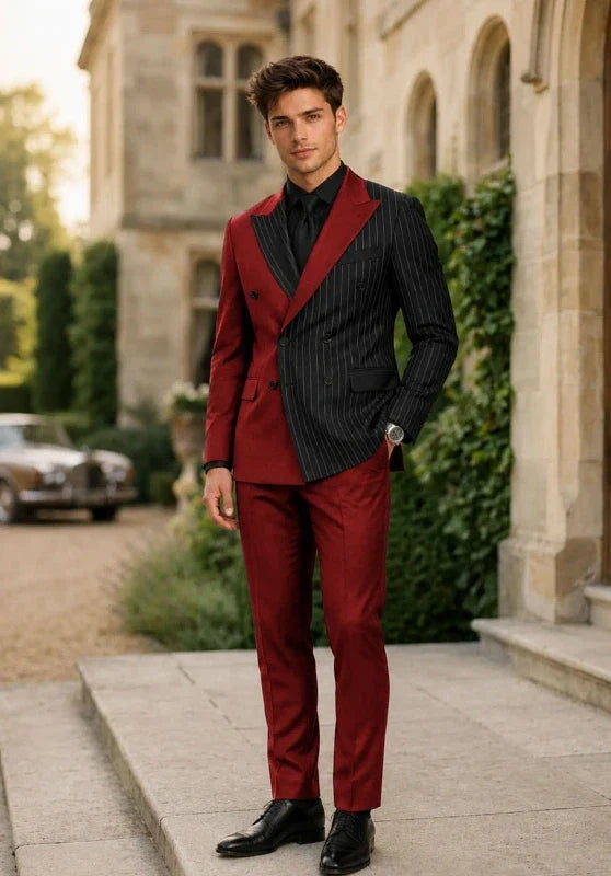 Men’s Two-Piece Striped Suit with Double-Breasted Jacket and Wide Peak Lapels