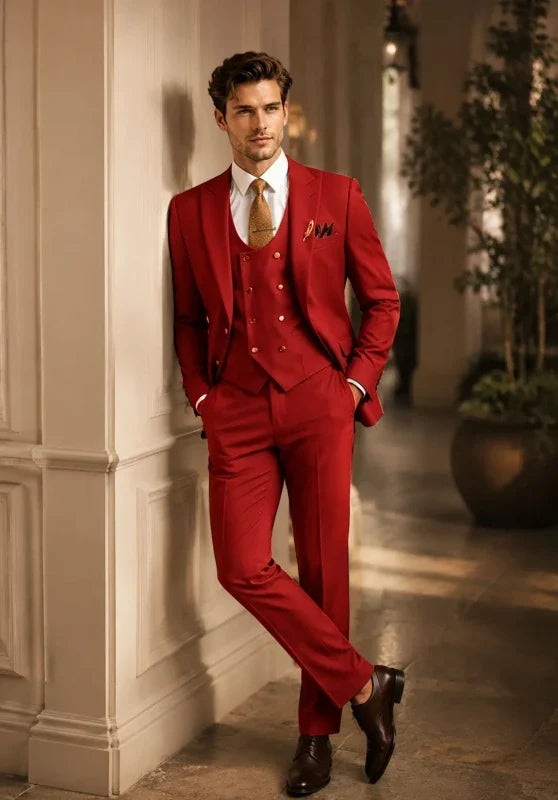 Costume Trois Pièces Homme Coupe Slim Élégant avec Col Peak et Gilet Croisé