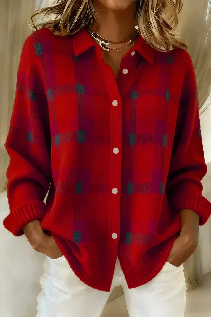 Dames - Geruite gebreide blouse - Knoopsluiting, losse pasvorm