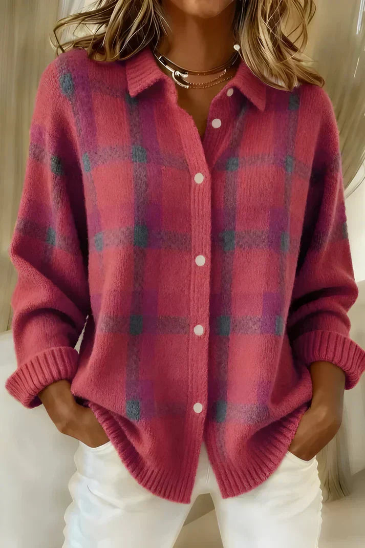 Dames - Geruite gebreide blouse - Knoopsluiting, losse pasvorm