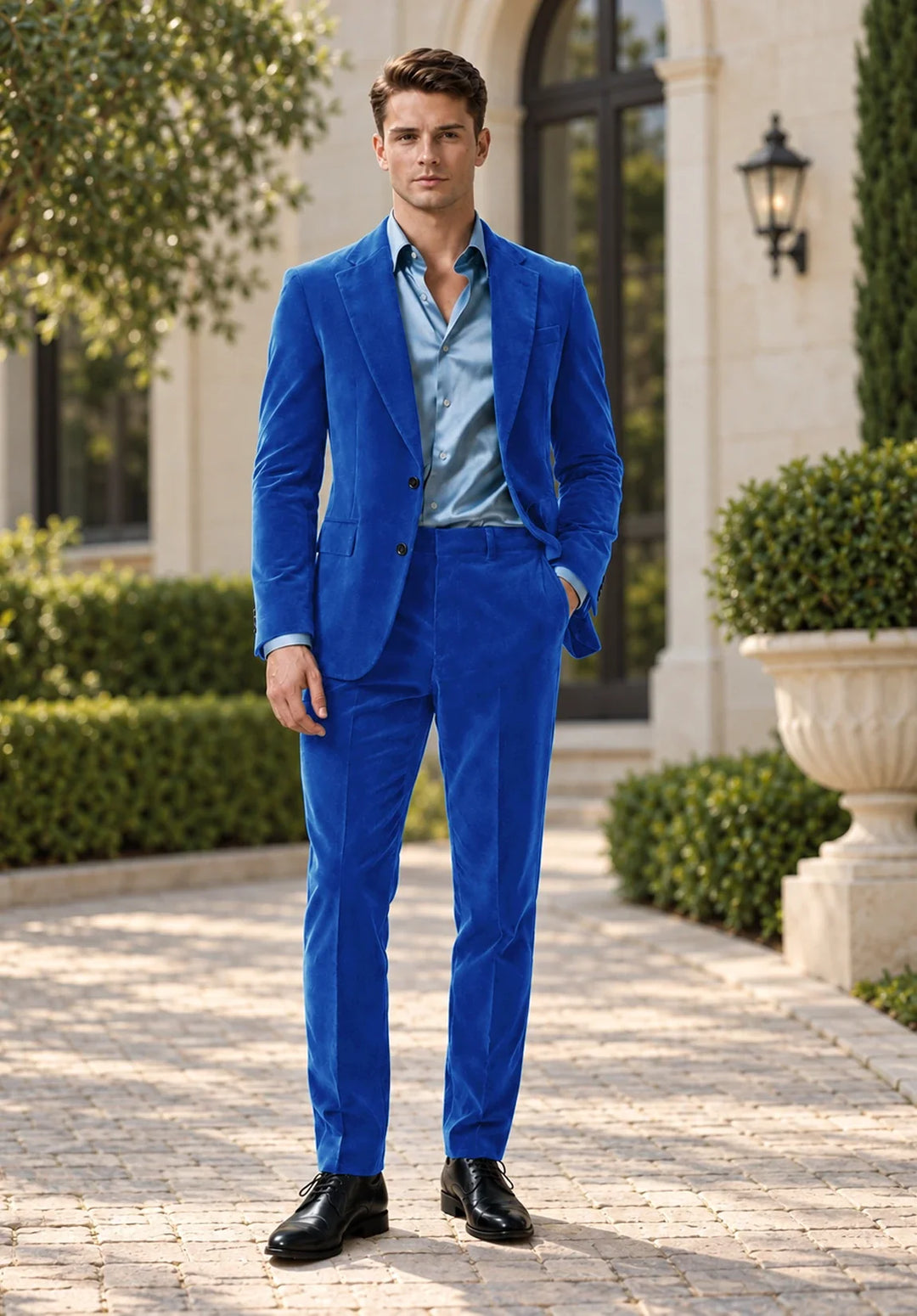 Abito da uomo a due pezzi regular fit in velluto con revers a dente e giacca a tre bottoni