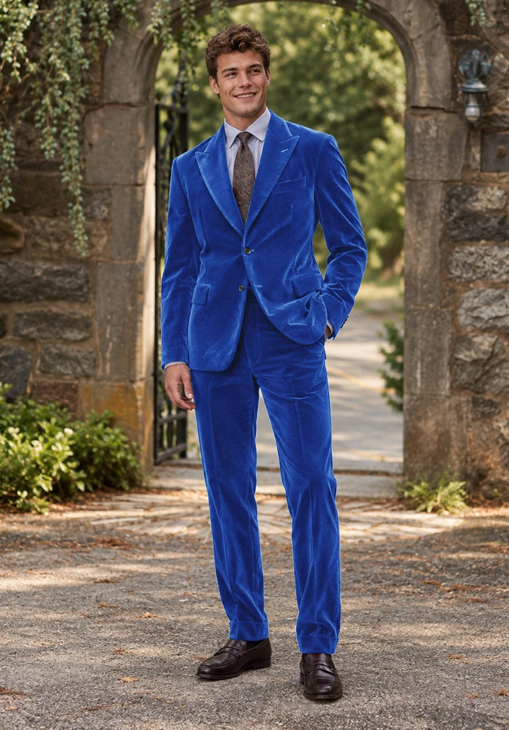 Costume Deux Pièces Homme Coupe Classique en Velours avec Col Peak et Deux Boutons