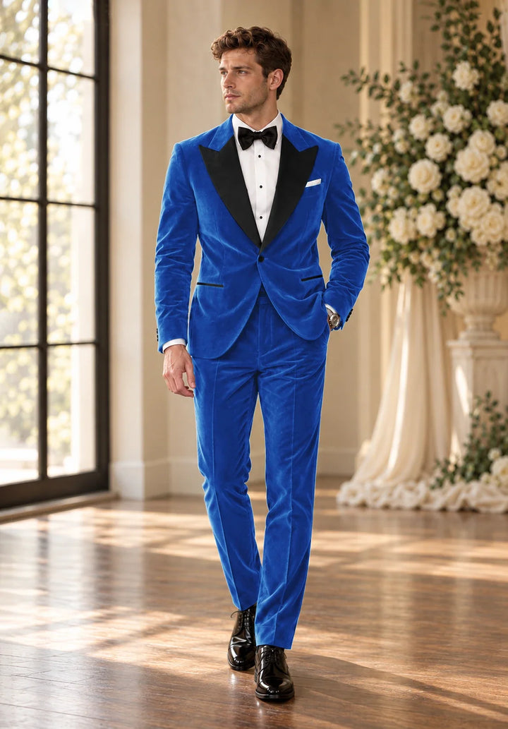 Costume Deux Pièces Homme Coupe Moderne en Velours avec Col Peak en Satin