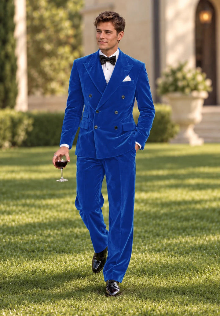 Completo da uomo in velluto regular fit a due pezzi con giacca doppiopetto e rever a lancia
