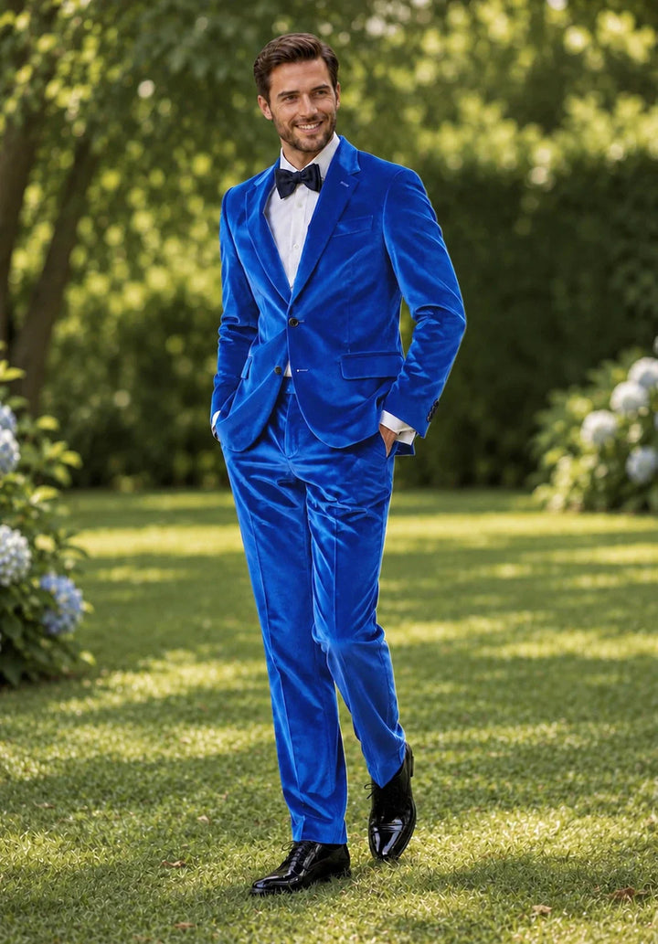 Costume Deux Pièces Homme Coupe Slim en Velours avec Poches à Rabat et Veste Un Bouton