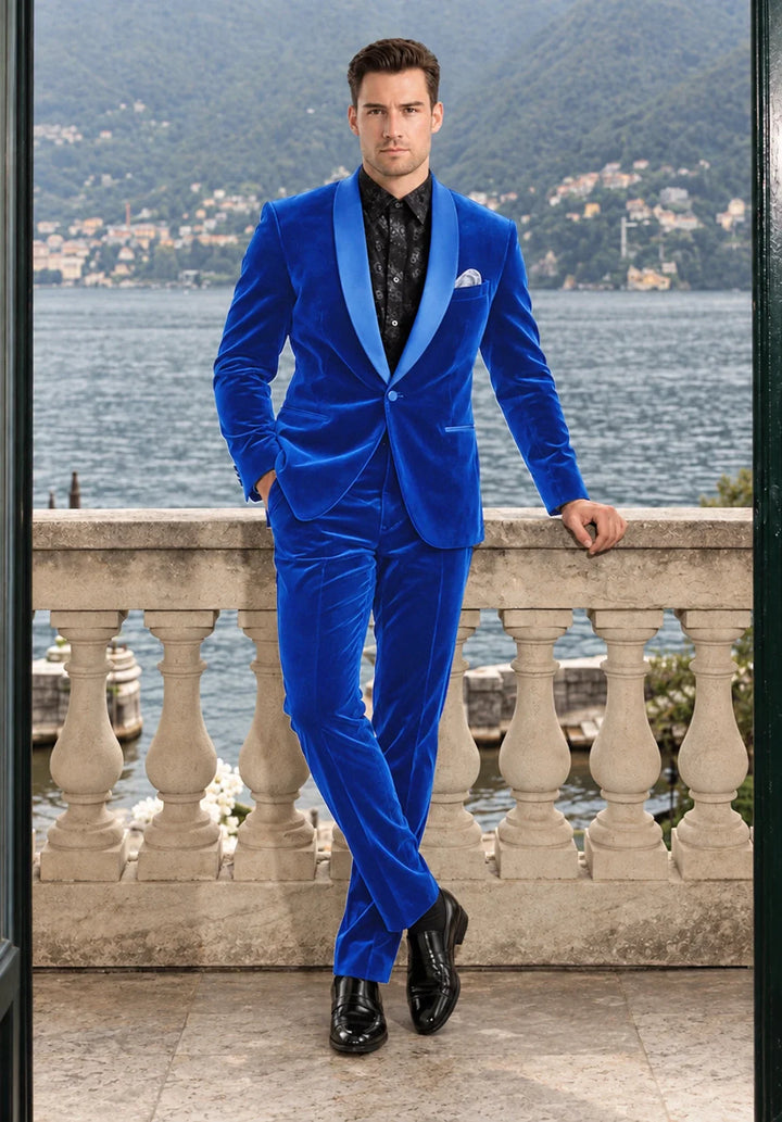 Costume Deux Pièces Homme Coupe Slim en Velours avec Col Châle en Satin et Un Bouton
