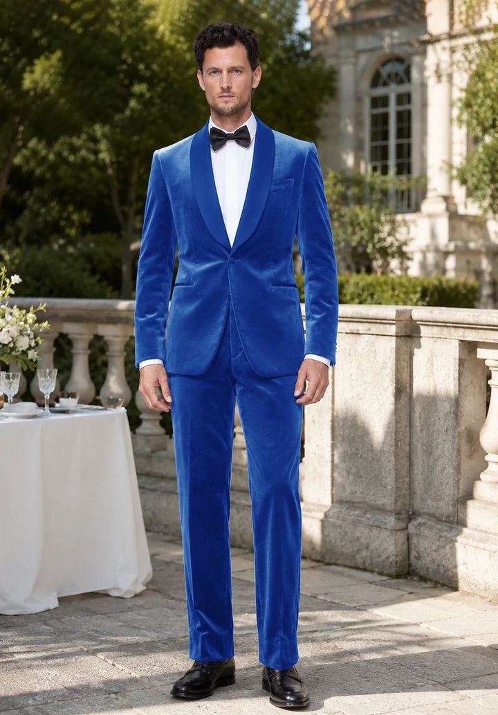 Slim fit-smoking i to dele til mænd i velour med spids revers