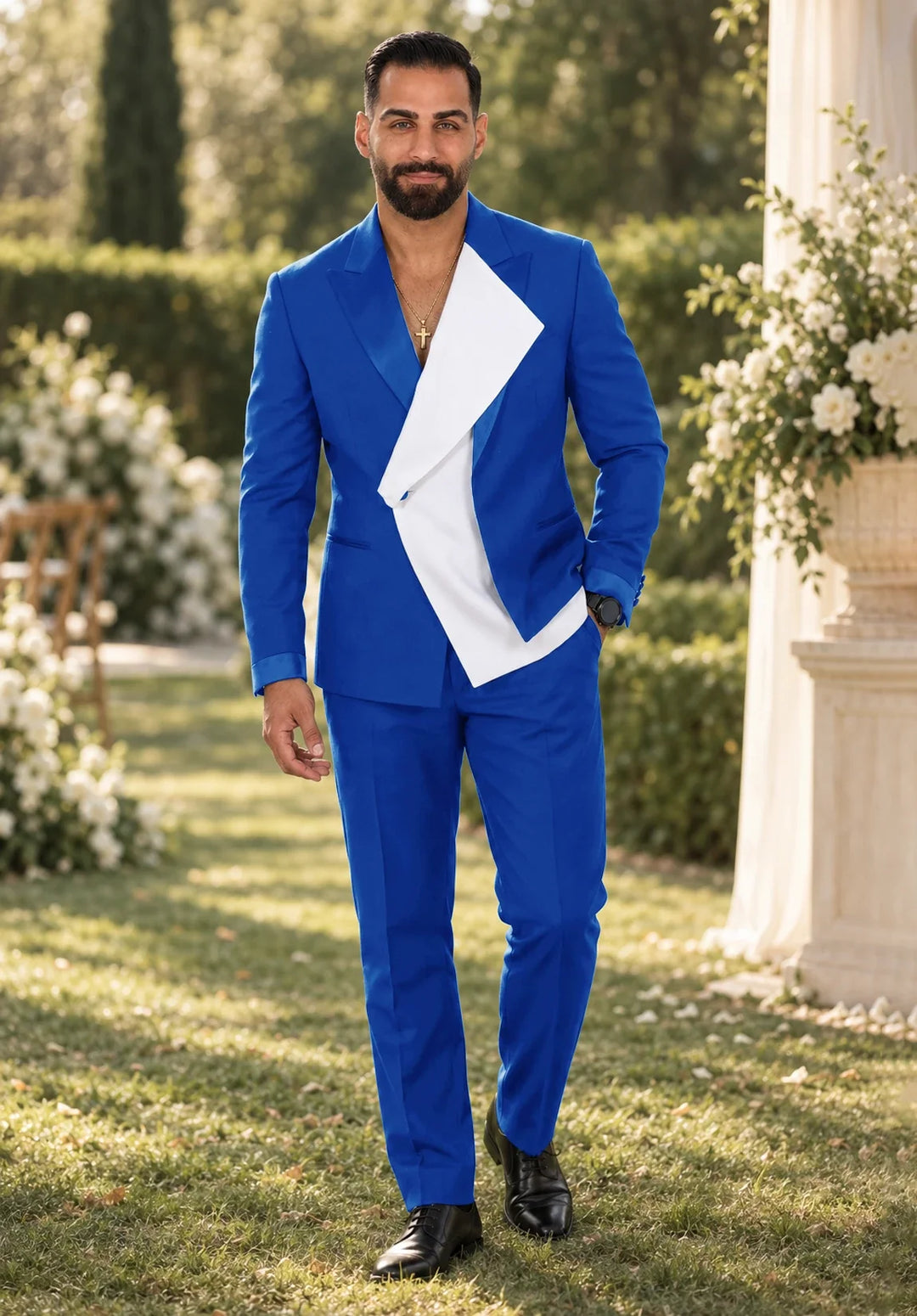 Costume Deux Pièces Homme Coupe Regular avec Panneau Blanc Asymétrique et Col Châle
