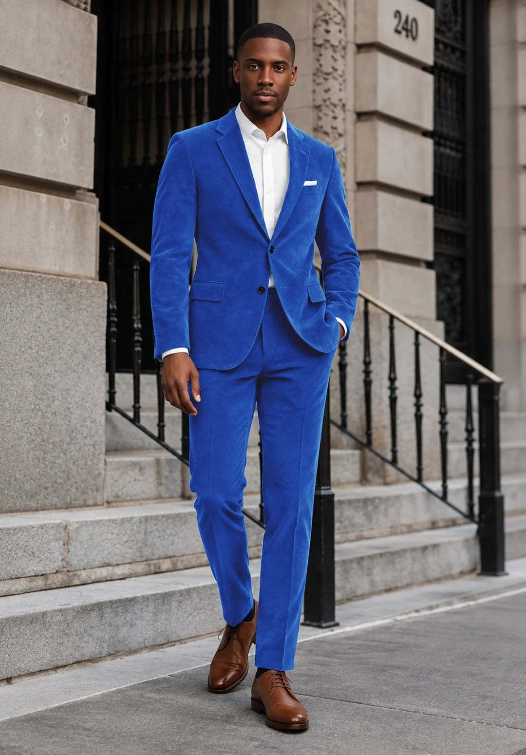 Completo da uomo in velluto slim fit a due pezzi con rever classico e giacca a due bottoni