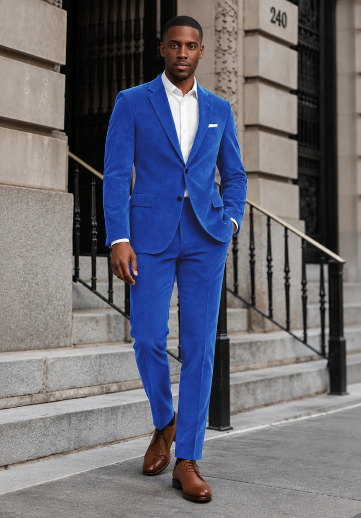 Completo da uomo in velluto slim fit a due pezzi con rever classico e giacca a due bottoni