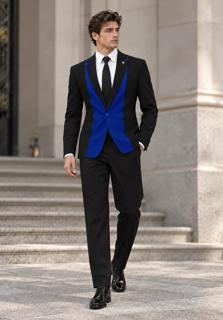 Costume Deux Pièces Homme Coupe Slim avec Design à Panneaux Contrastants et Col Peak