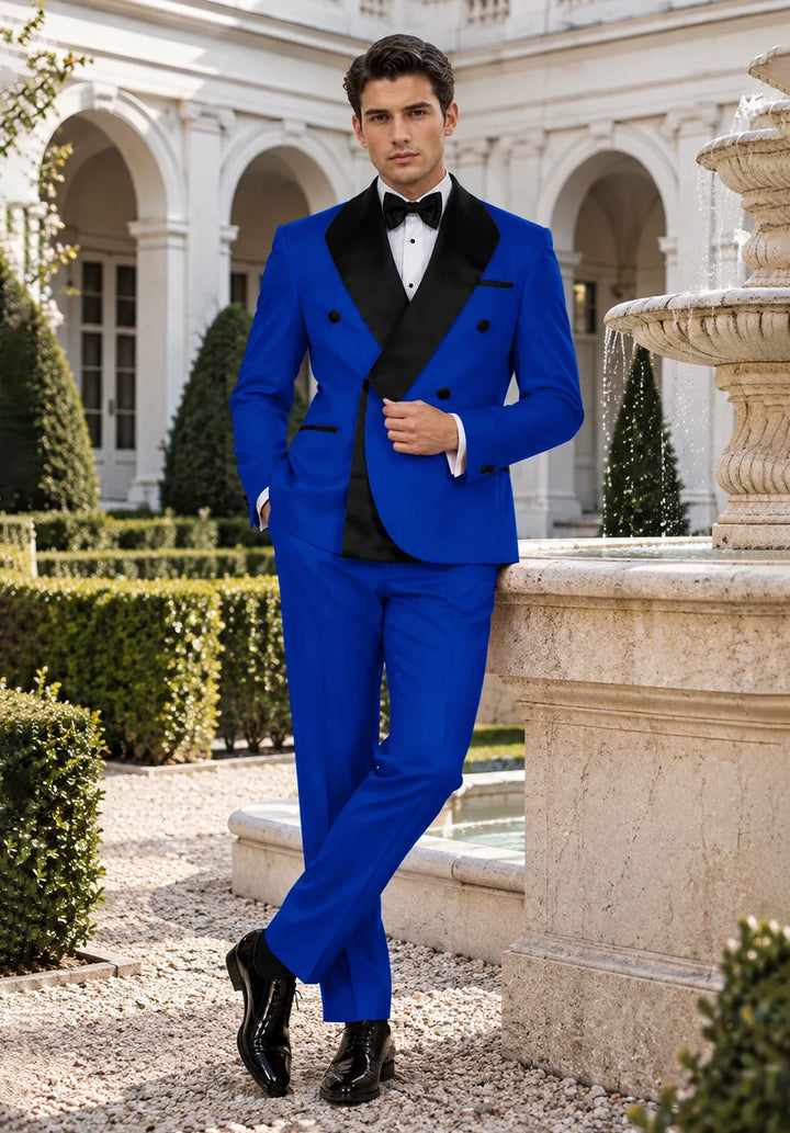 Men's Slim-Fit Double-Breasted Two-Piece Tuxedo Suit with Contrasting Lapel