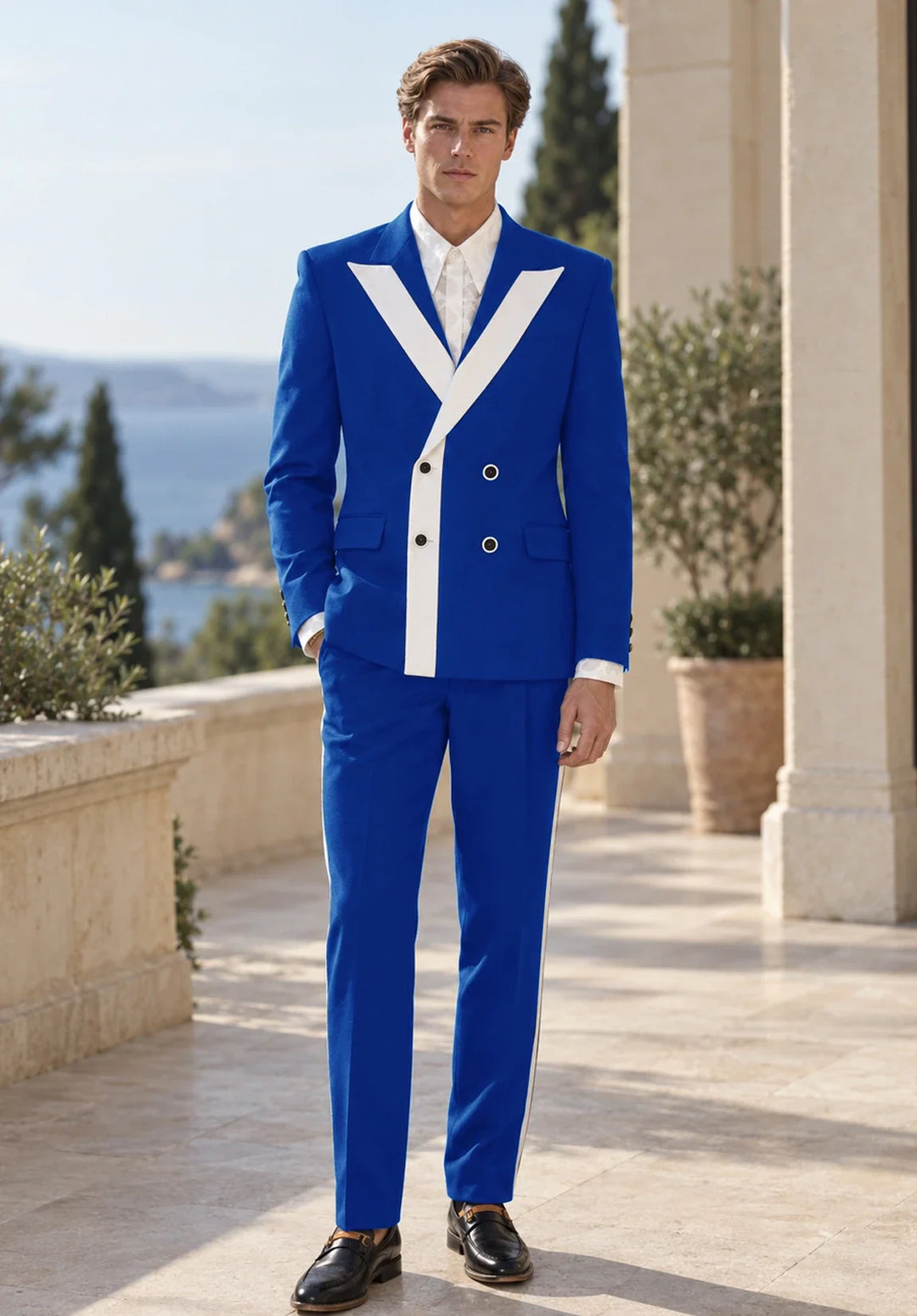 Costume Deux Pièces Homme Coupe Slim avec Panneau Contrastant en V et Deux Boutons