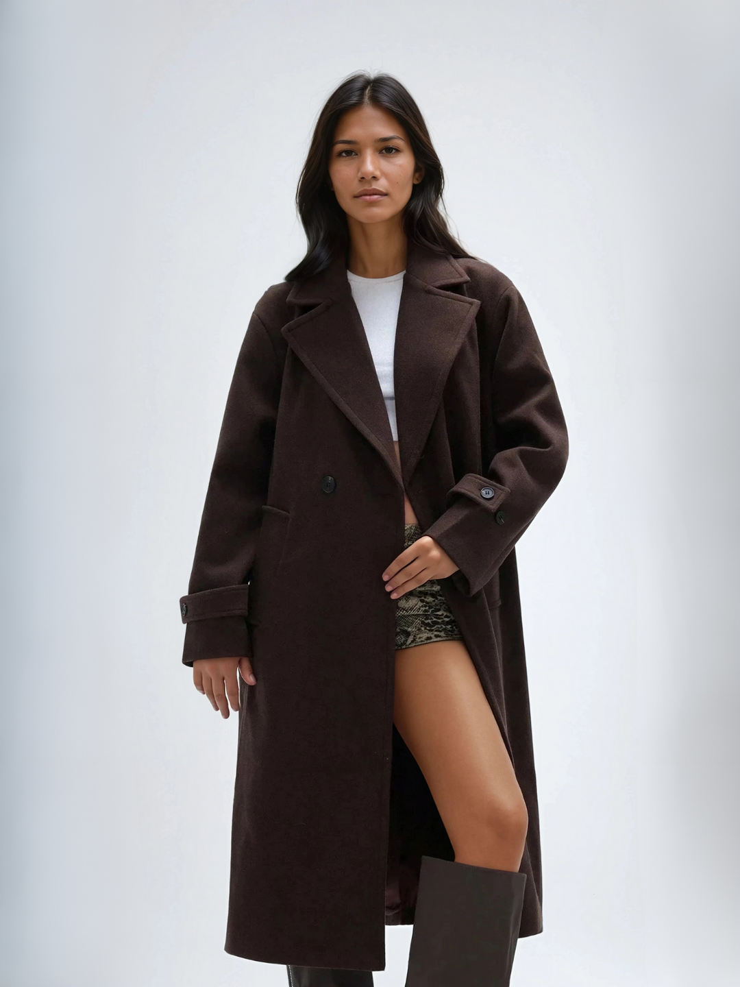 Cappotto oversize lungo da donna, doppiopetto con colletto a revers