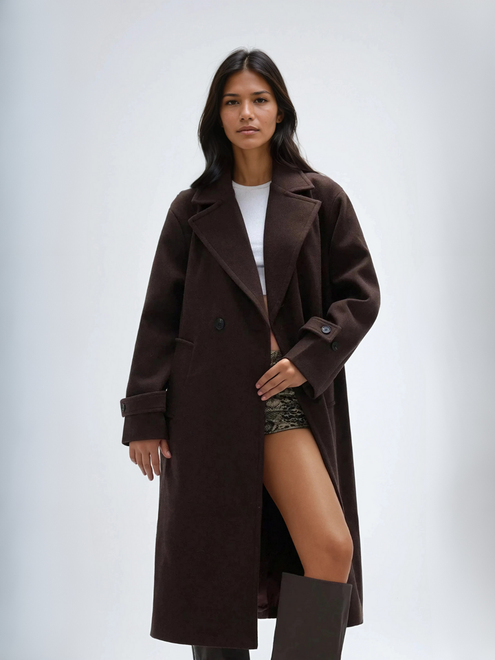 Cappotto oversize lungo da donna, doppiopetto con colletto a revers