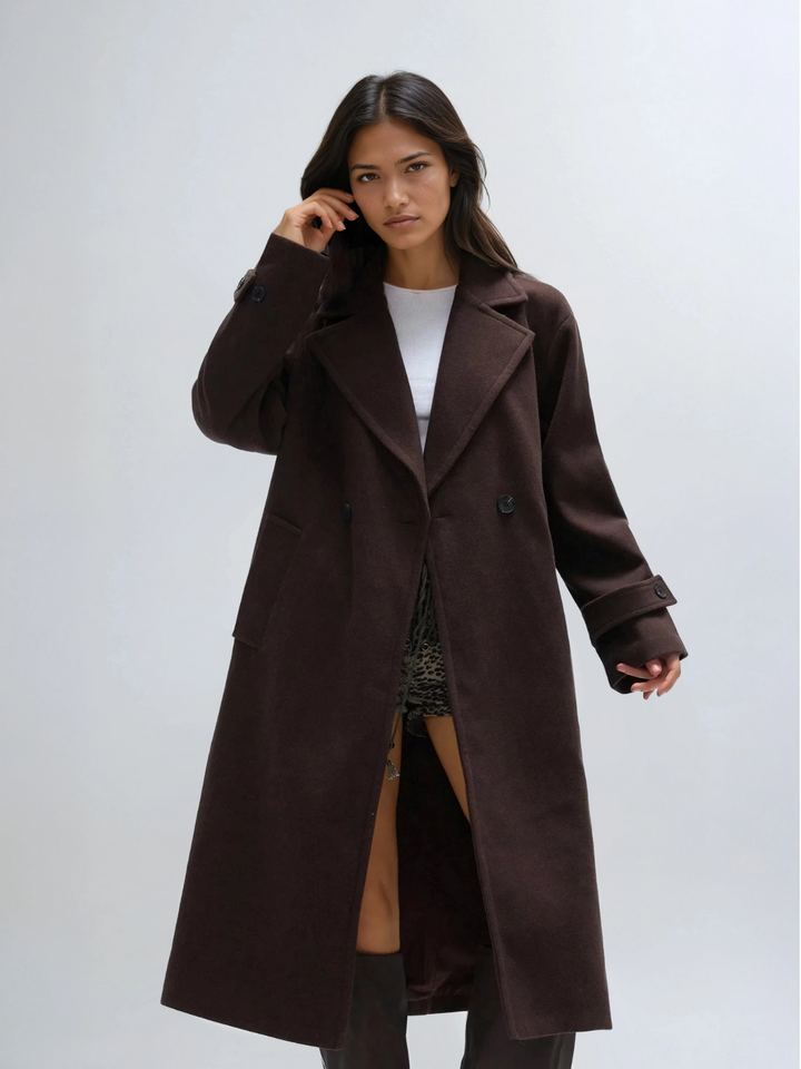 Cappotto oversize lungo da donna, doppiopetto con colletto a revers