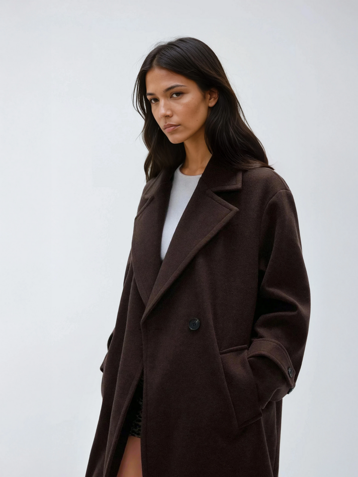 Cappotto oversize lungo da donna, doppiopetto con colletto a revers