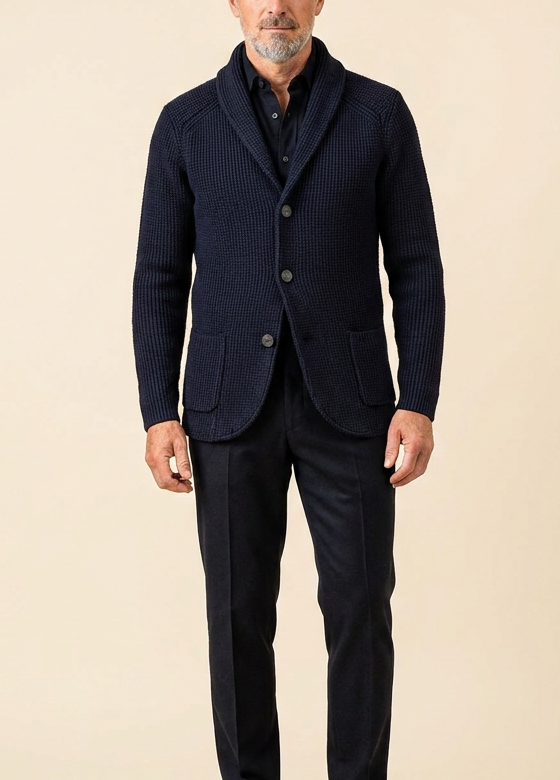 Men's Ribbed Knit Vest with Shawl Collar and Button Closure