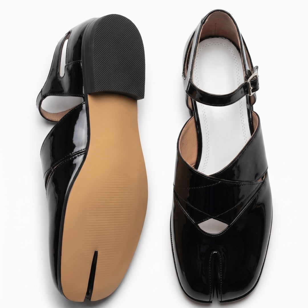 Women's Split-Toe Patent Leather Flats with a Strap