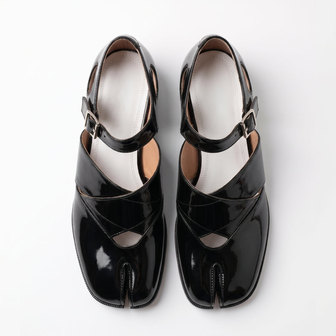 Women's Split-Toe Patent Leather Flats with a Strap