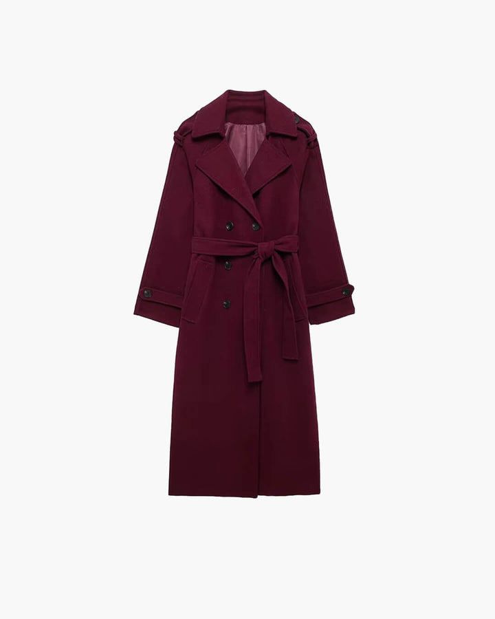 Lange damestrenchcoat met ceintuur, reverskraag, dubbele knoopsluiting en zakken