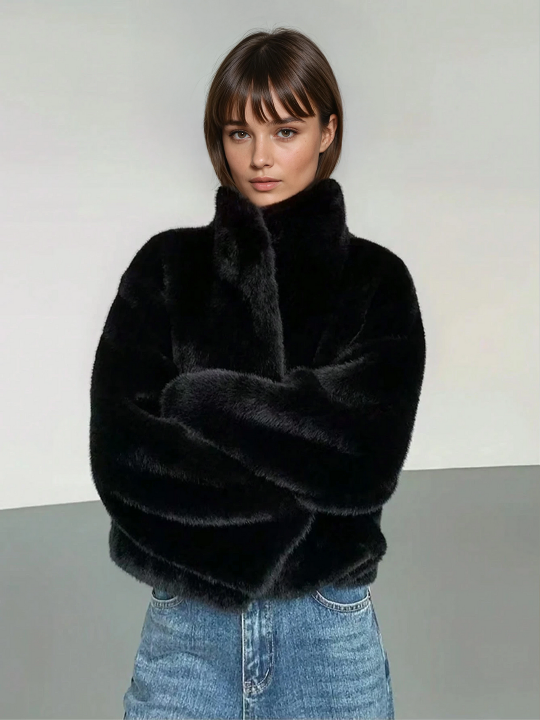 Women's Short Faux Fur Coat with Stand-Up Collar