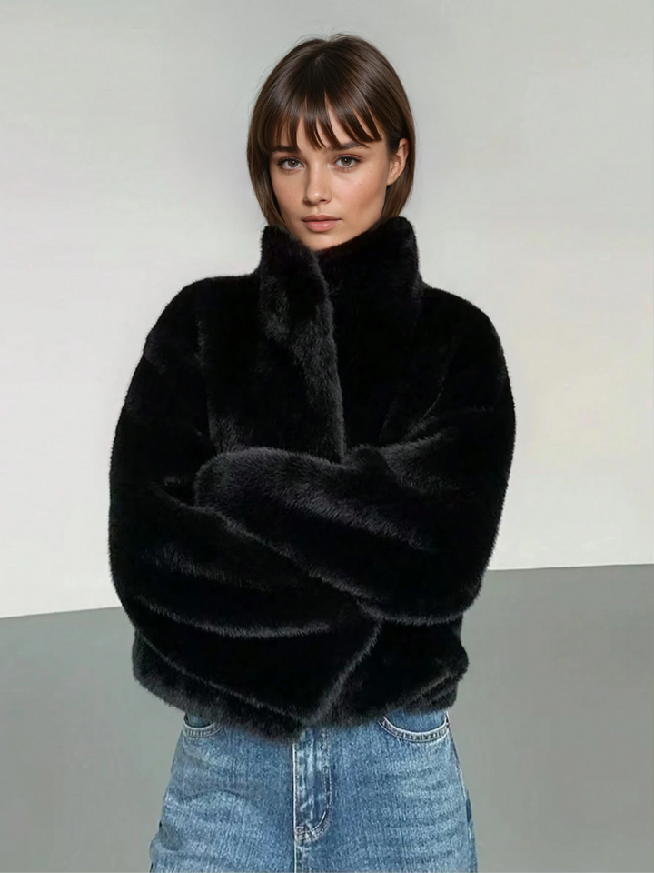Women's Short Faux Fur Coat with Stand-Up Collar