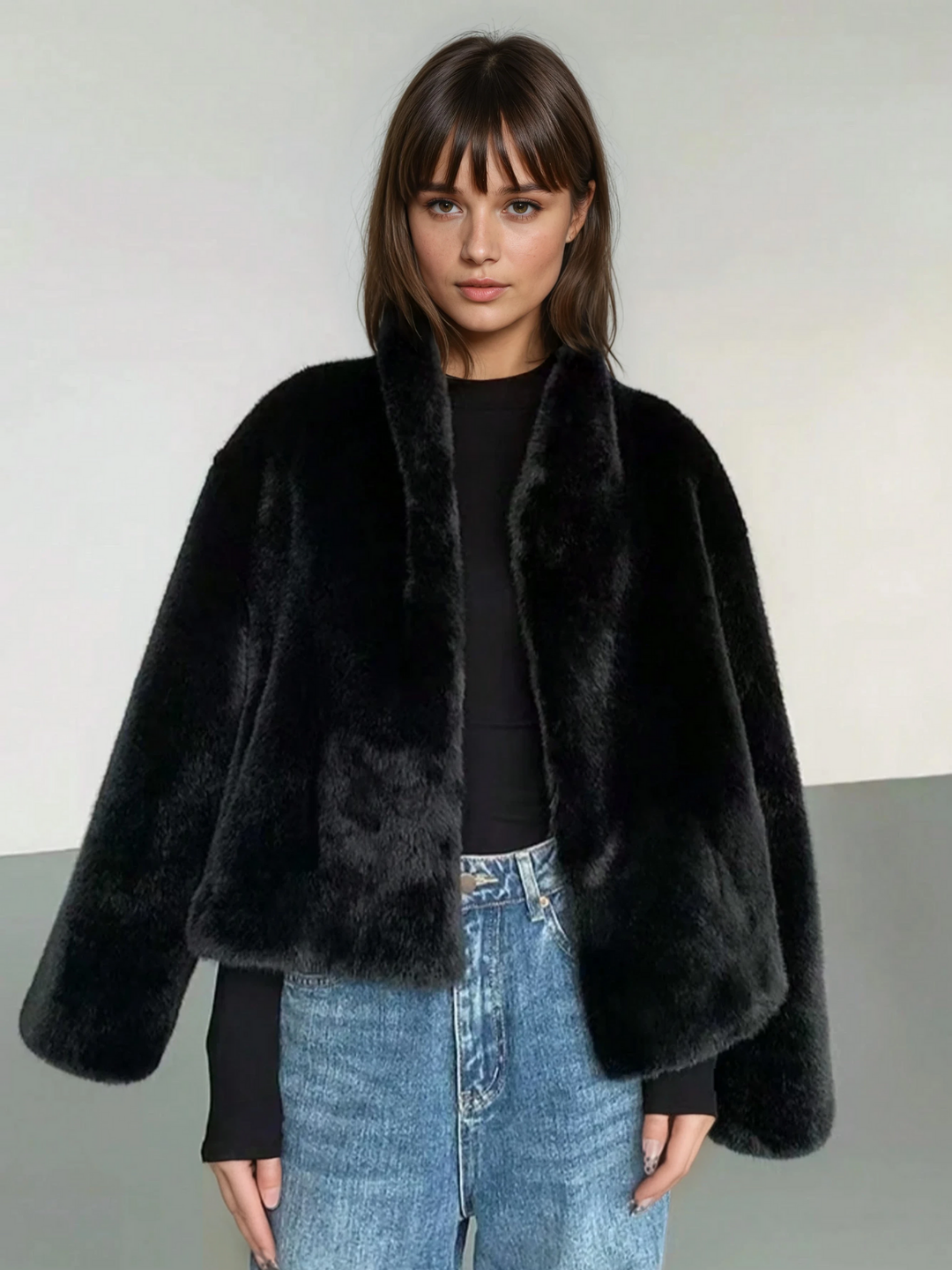 Women's Short Faux Fur Coat with Stand-Up Collar