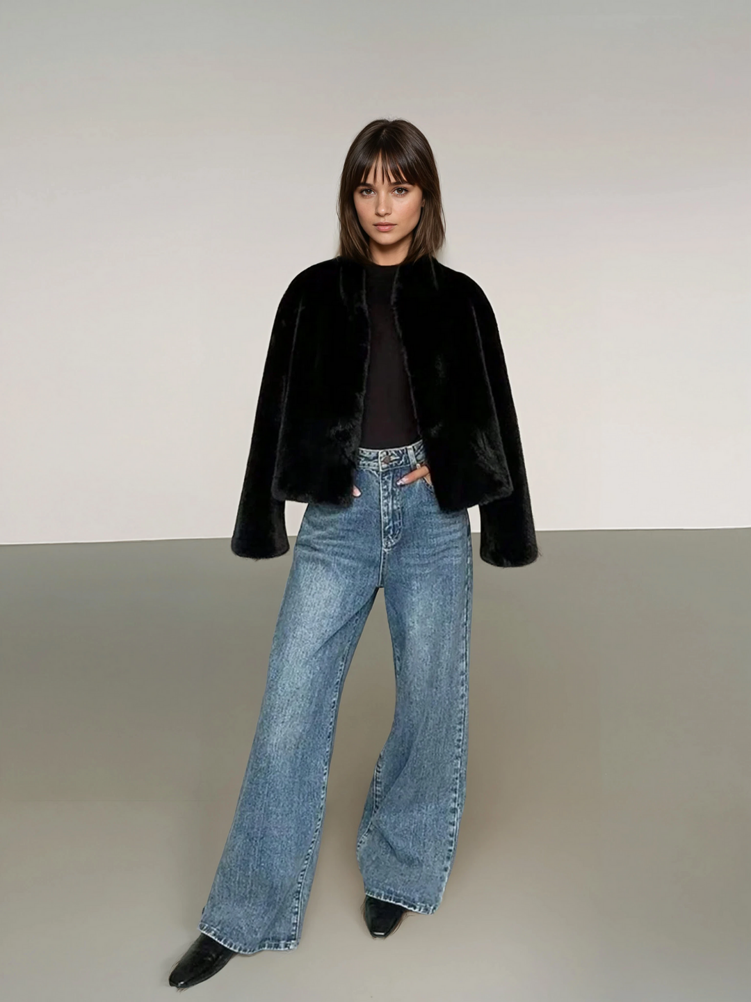 Women's Short Faux Fur Coat with Stand-Up Collar