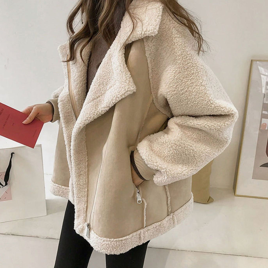 Cappotto oversize da donna in pelliccia sintetica con zip e colletto con revers