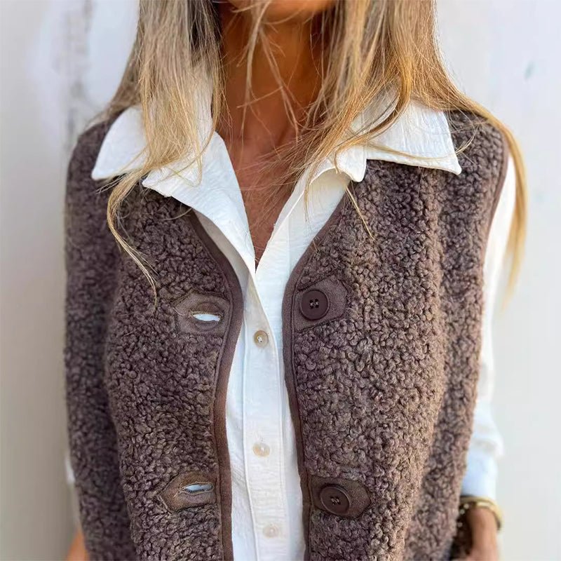 Gilet da donna in peluche, senza maniche, oversize, con bottoni e tasche